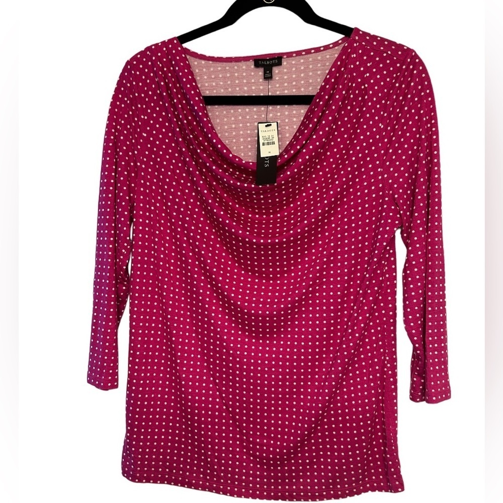 Talbots bright pink and white cowl neck pocka dot new size medium top
